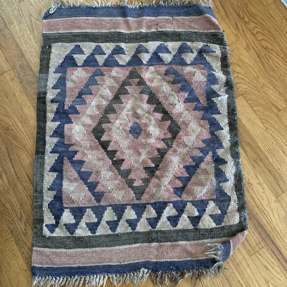 Vintage Wool Southwestern Rug 2x3 ft Turkish Kilim Pinks and Blue